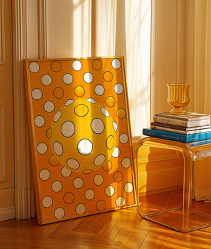 Colorful geometric pattern with white polka dots on orange background