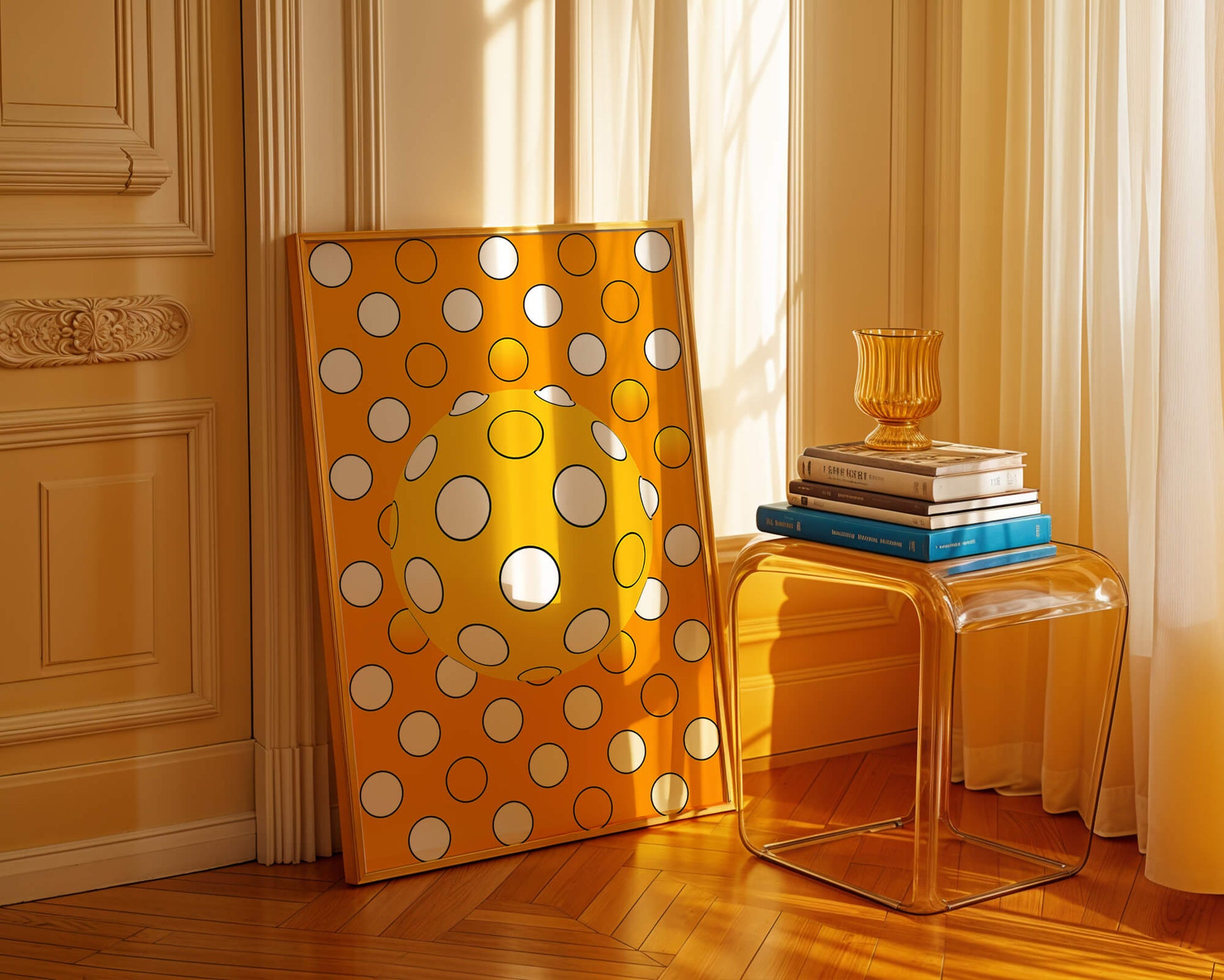 Colorful geometric pattern with white polka dots on orange background