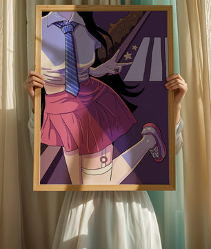 Estilo anime de una escolar posando con el signo de la paz en colores vibrantes