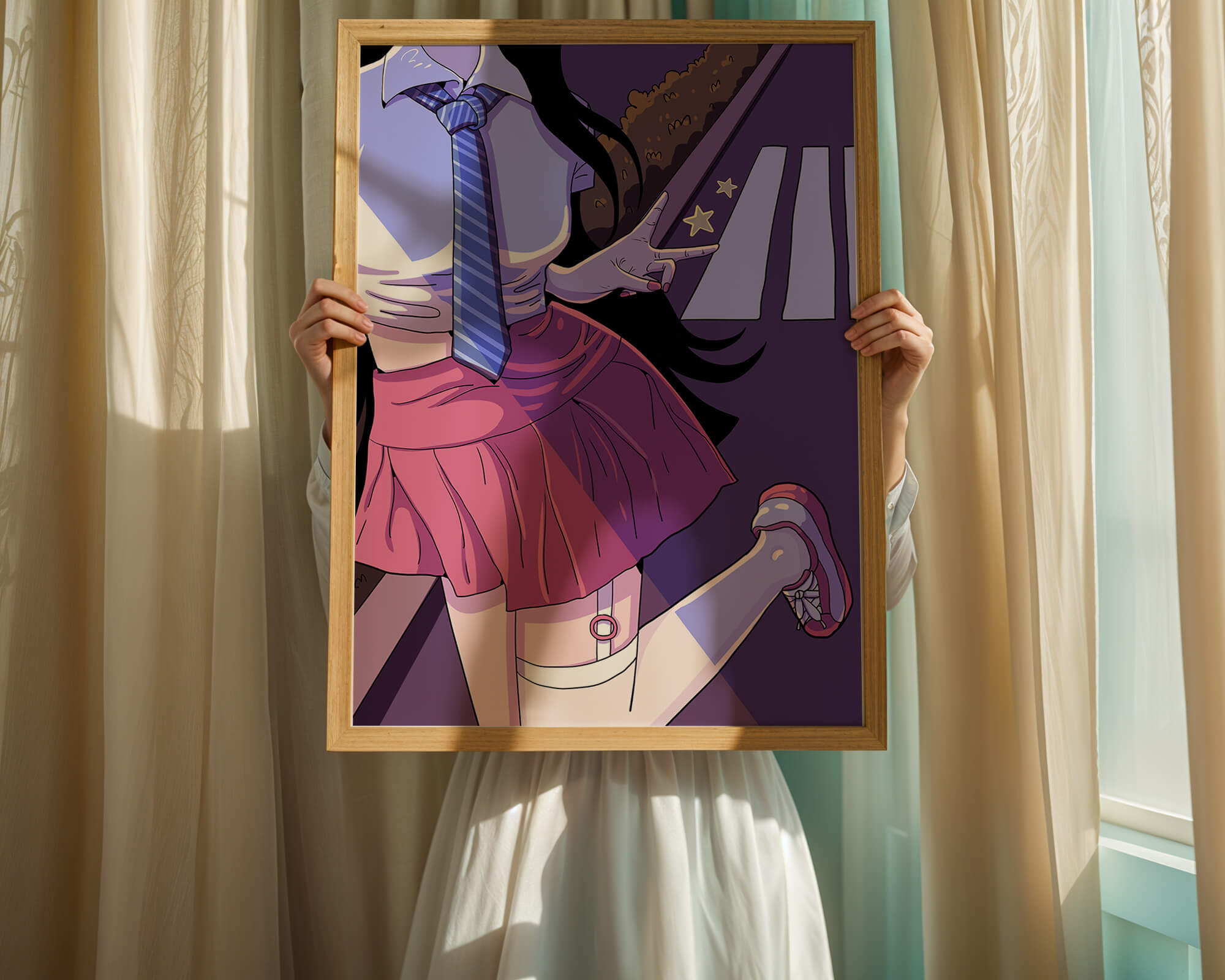 Anime style schoolgirl posing with peace sign in vibrant colors