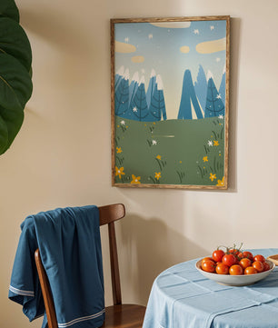 Landschaft mit schneebedeckten Bergen und Blumen im Cartoon-Stil