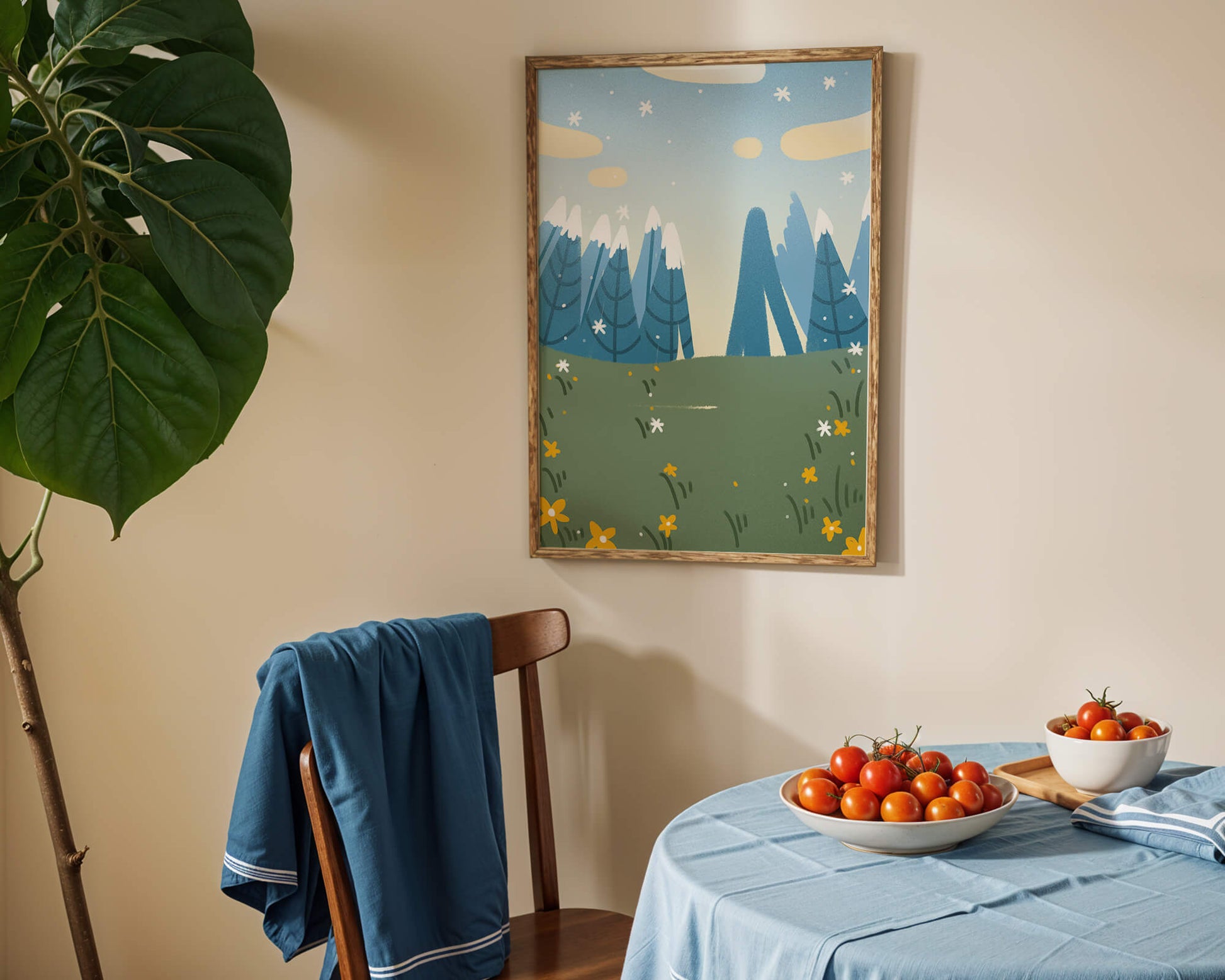 Landschaft mit schneebedeckten Bergen und Blumen im Cartoon-Stil