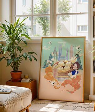 Illustration de la ligne d’horizon de Shanghai avec des raviolis et des éléments asiatiques