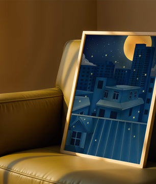 Night Urban Skyline Under a Starry Sky with Bright Full Moon