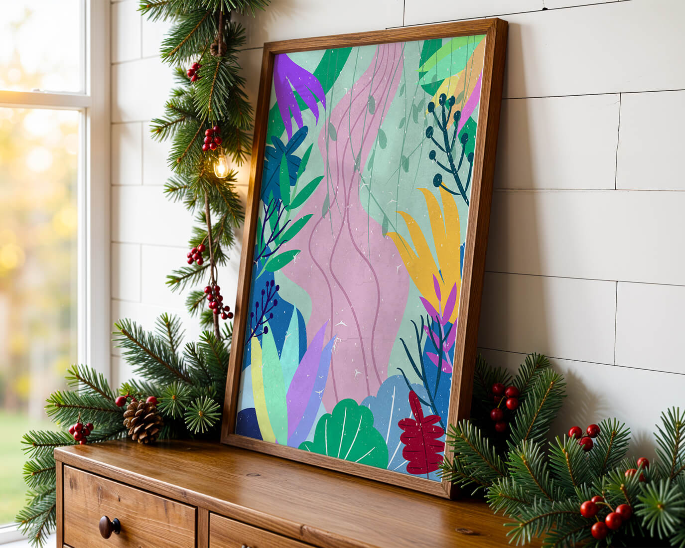 Abstract Botanic Composition with Vibrant Leaves and Shapes