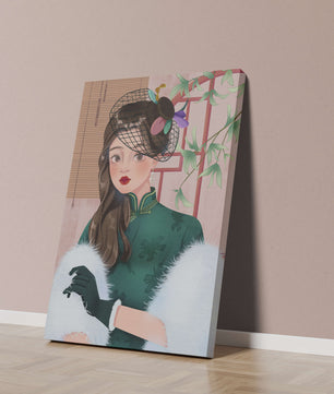 Elegant woman in vintage attire with netted hat and floral elements