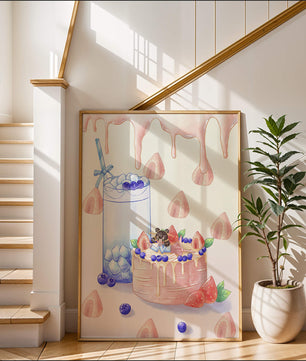 Escena de postre caprichosa con pastel y bebida con acentos juguetones
