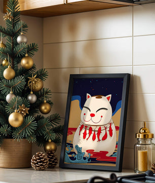 Japanese Lucky Cat with Fish Design in a Surreal Landscape