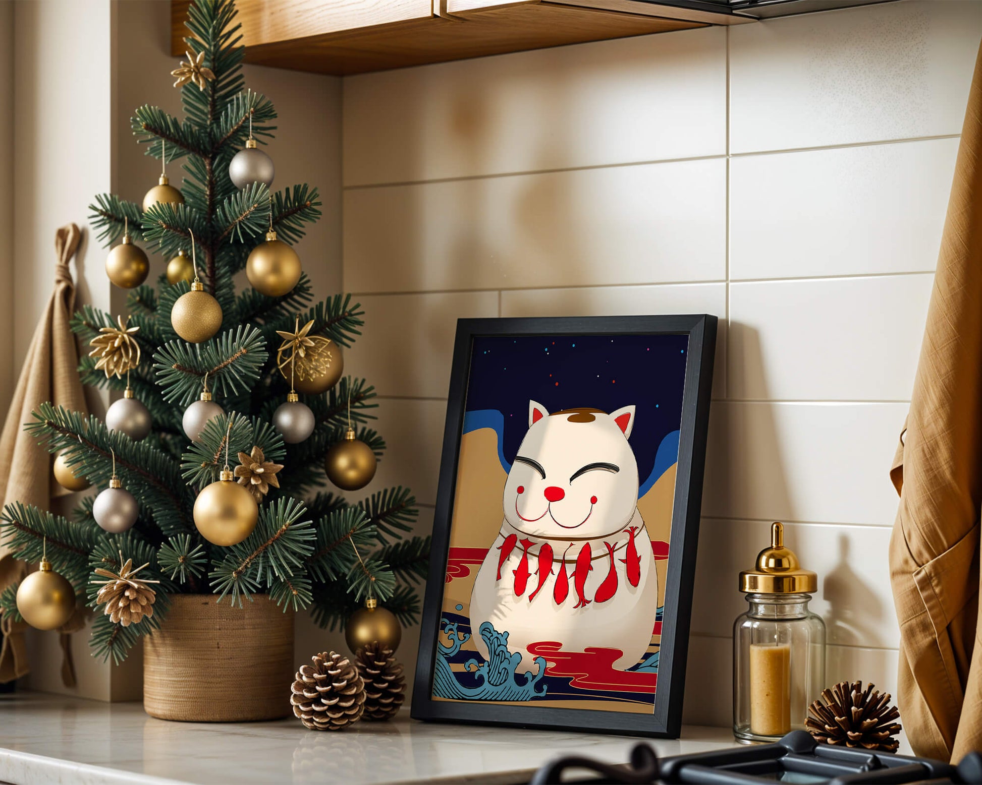 Japanese Lucky Cat with Fish Design in a Surreal Landscape