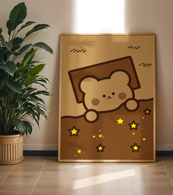 Adorable bear peeking out from a blanket with stars illustration