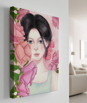 Illustration d'une femme entourée de roses roses