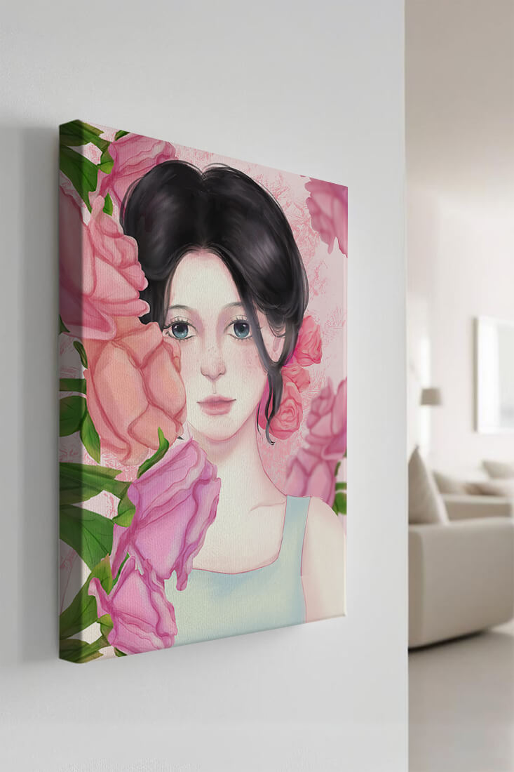 Illustration of a woman surrounded by pink roses