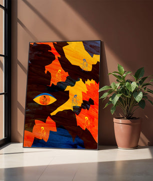 Abstract colorful artwork with eye and silhouettes