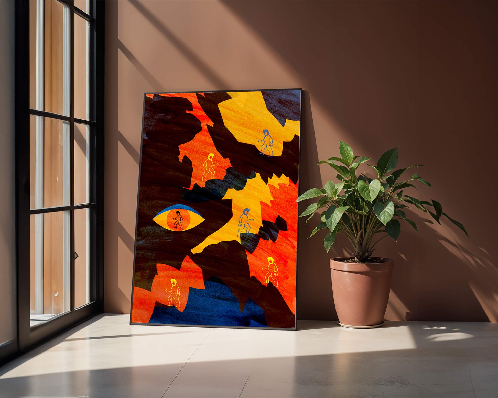 Abstract colorful artwork with eye and silhouettes