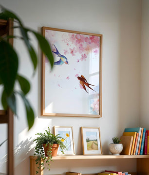 Pájaros coloridos y flores rosadas en una escena primaveral acuarelada