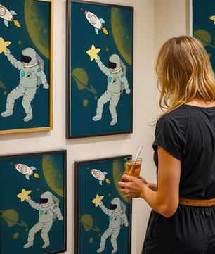 Astronaut Reaching for Star with Rocket and Planets in Space Scene - Mi tienda