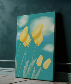 Stylized yellow tulips against a cloudy blue sky background