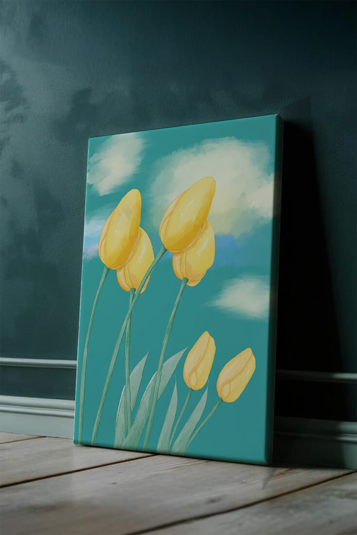 Stylized yellow tulips against a cloudy blue sky background
