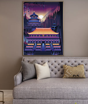 Neon Asian Temple at Sunset in Stylized Landscape