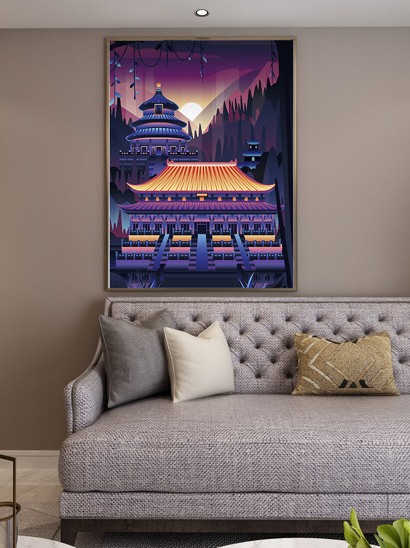Neon Asian Temple at Sunset in Stylized Landscape