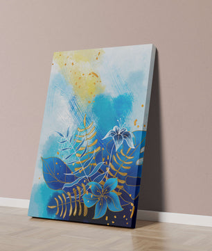 Floral illustration with blue leaves and golden accents on abstract background