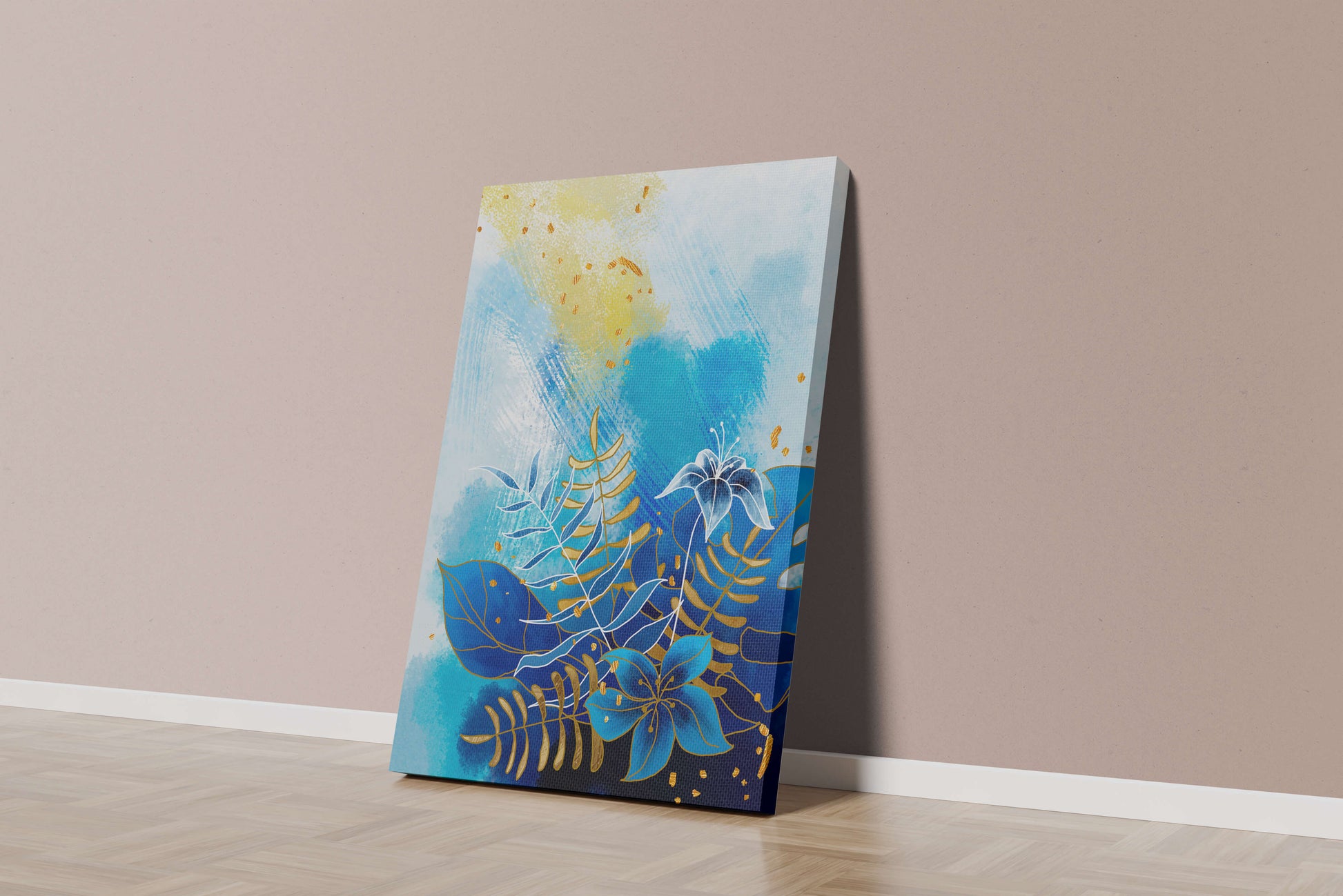 Floral illustration with blue leaves and golden accents on abstract background