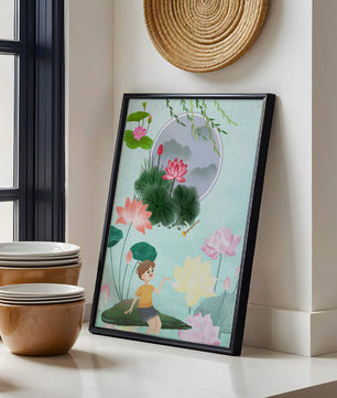 Serene illustration of a child in a lotus garden with vibrant flora