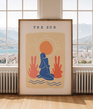 Modern abstract art poster featuring the sun and a serene figure in blue and coral tones - Mi tienda