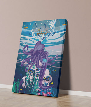 Colorful underwater scene with octopus and fishing boat above