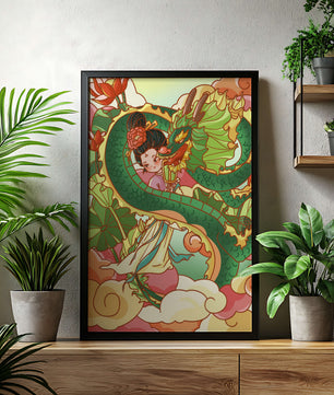 Heitere künstlerische Darstellung eines Mädchens mit einem majestätischen Drachen inmitten von Wolken und Lotusblumen