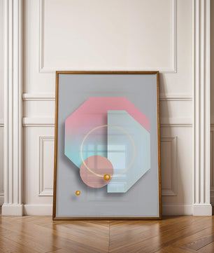 An abstract geometric art piece with pastel tones and golden accents