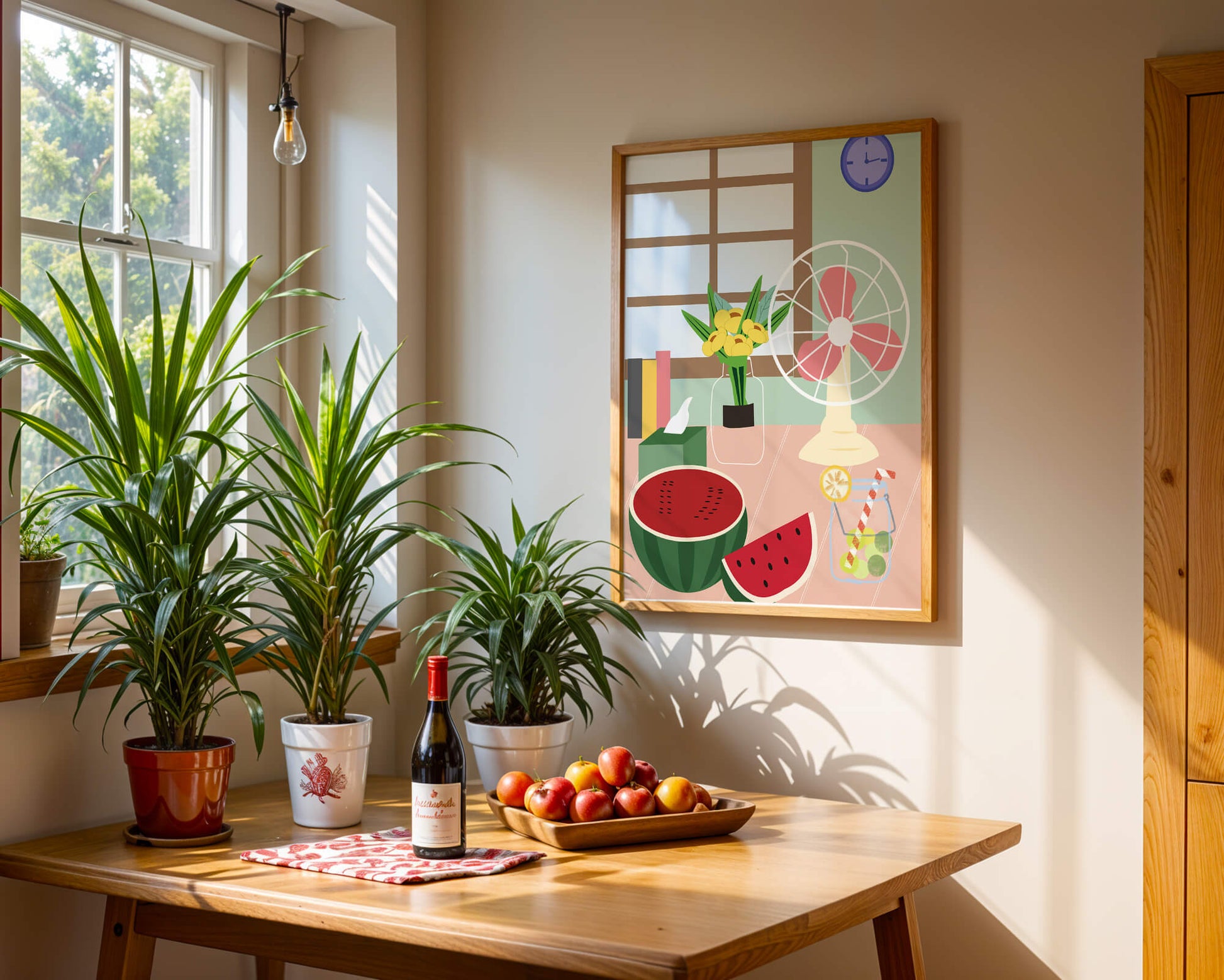 Bodegón de temática veraniega con sandía, abanico y flores en un interior luminoso.