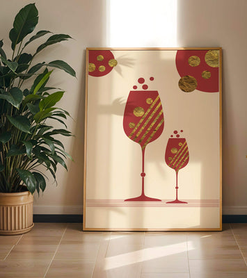 Stylish wine glasses with gold accents and a festive theme