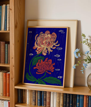 Colorful chrysanthemum illustration on dark blue background