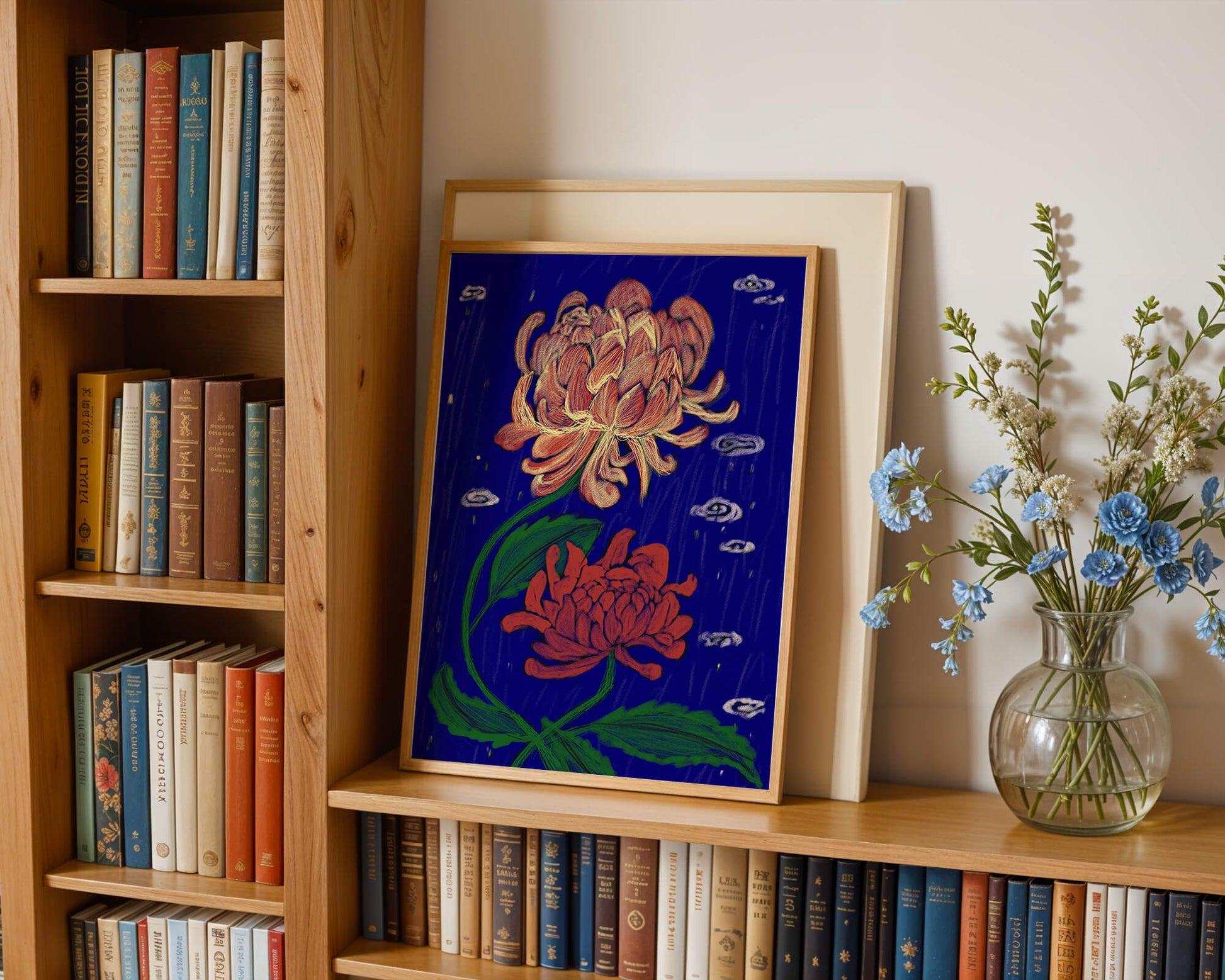 Colorful chrysanthemum illustration on dark blue background