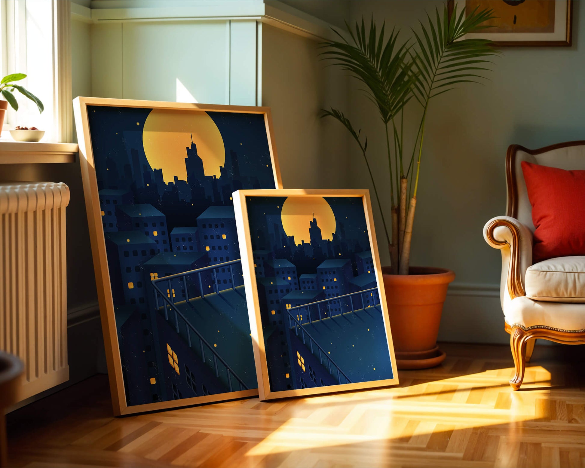 City Rooftop at Night with Illuminated Windows and Full Moon