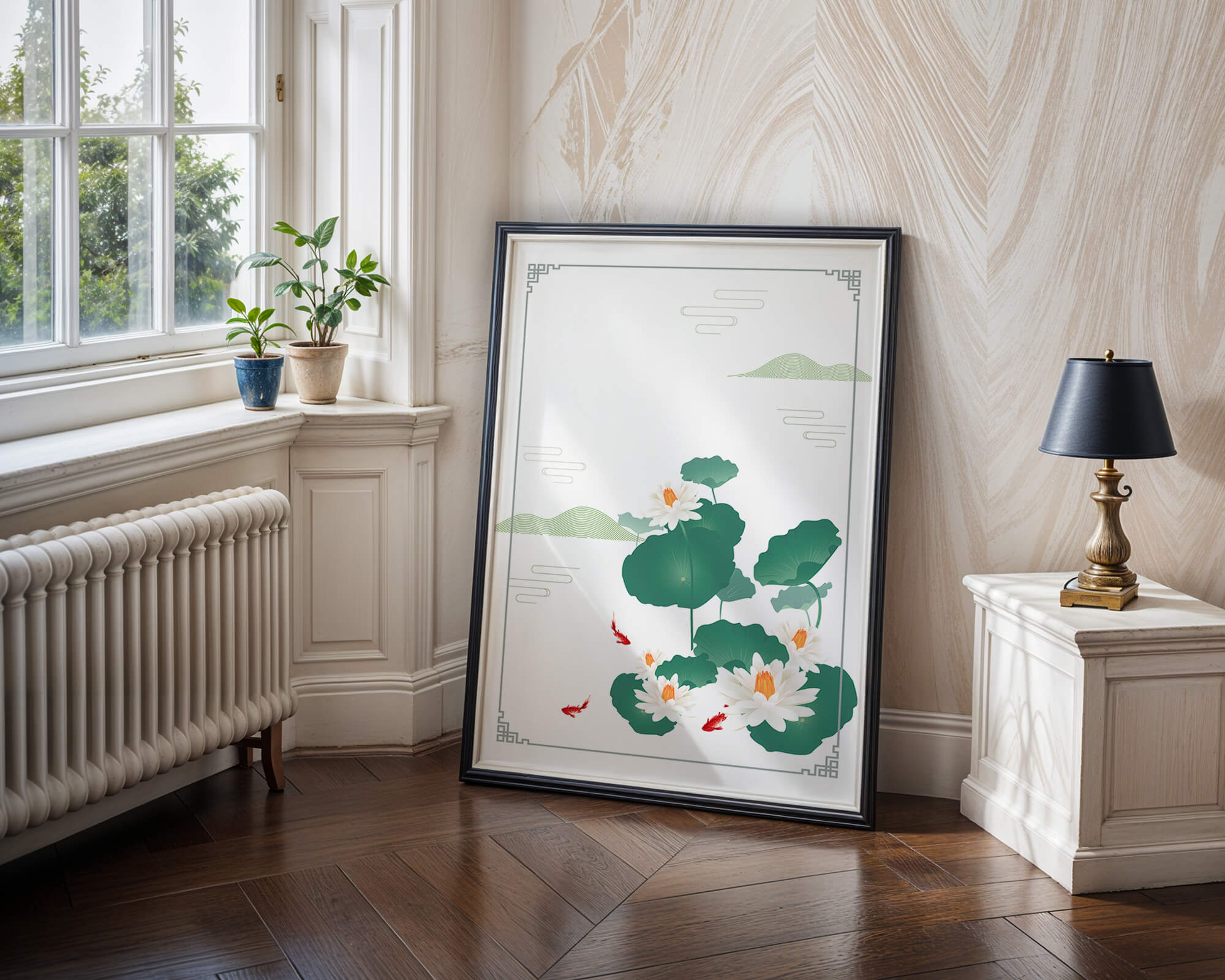 Elegant lotus and koi fish illustration with oriental design elements