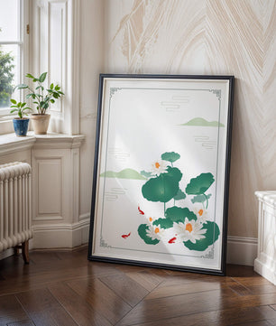 Elegante Lotus- und Koi-Fisch-Illustration mit orientalischen Designelementen