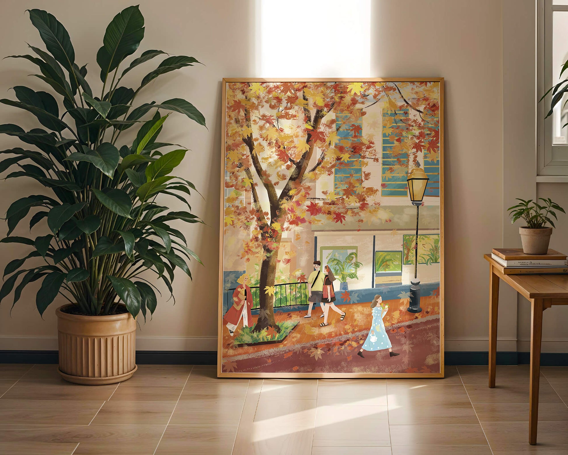 Calle de la ciudad en otoño con hojas coloridas y personas caminando