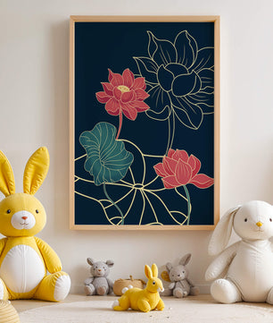 Vibrant Lotus Flowers on Dark Background with Gold Outline