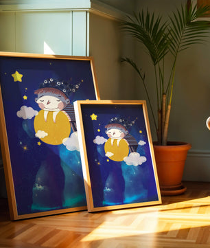 Scène nocturne onirique avec un enfant étreignant la lune