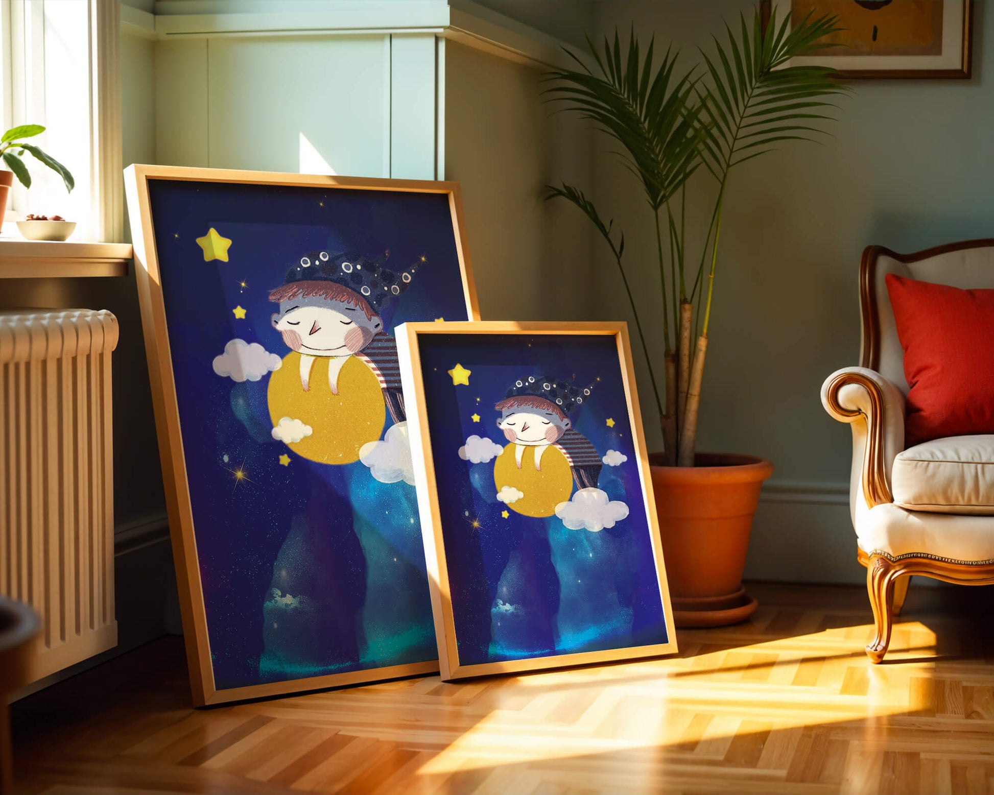 Dreamy Nighttime Scene with a Child Hugging the Moon