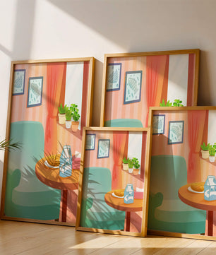 Sala de estar acogedora con mesa y cartón de leche