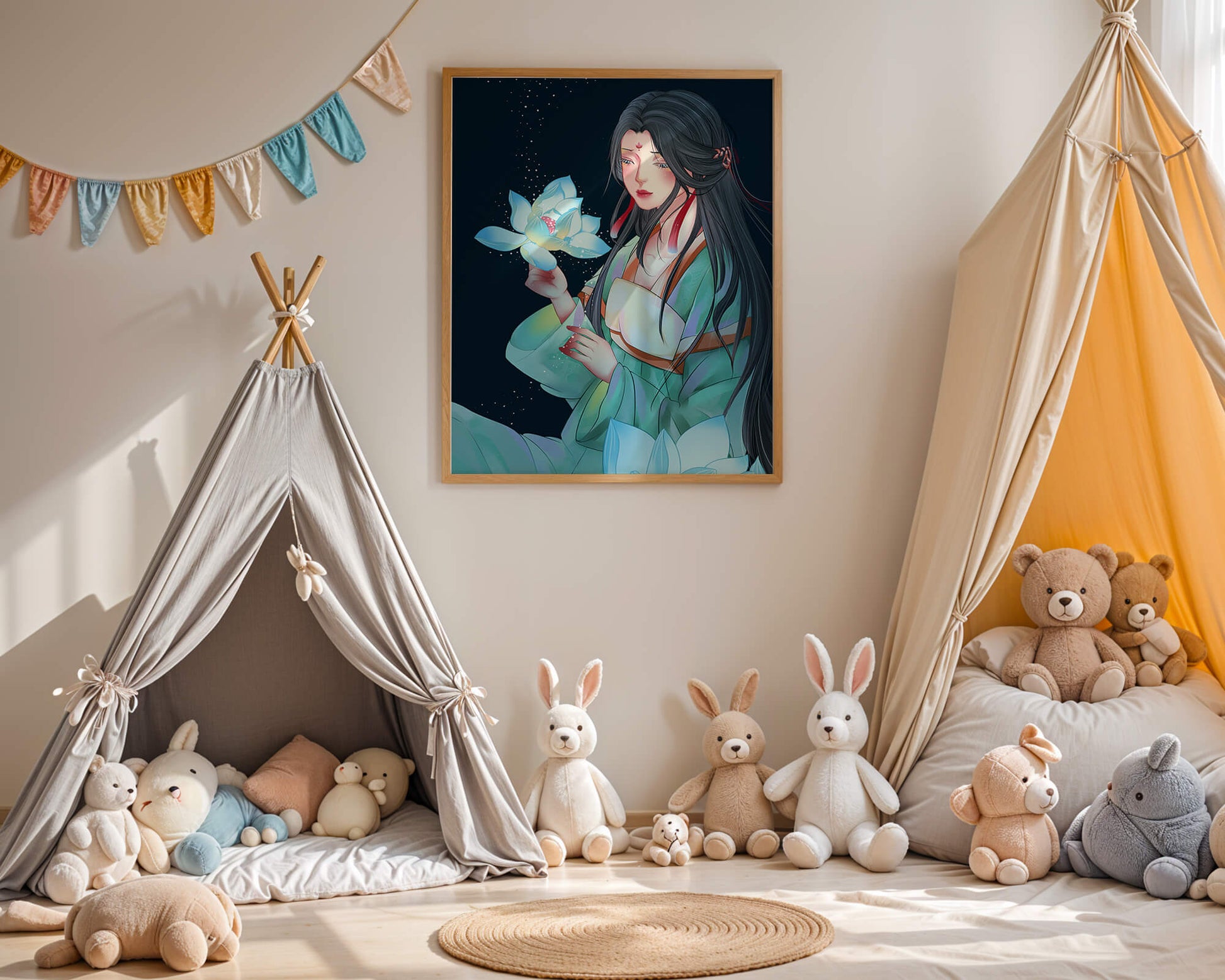 Elegant Woman Holding Glowing Lotus in Tranquil Nightscape