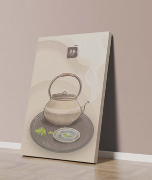 Traditional Japanese teapot with steaming tea and serene setting