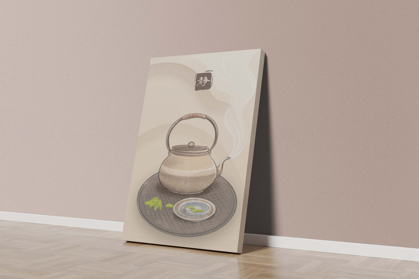 Traditional Japanese teapot with steaming tea and serene setting