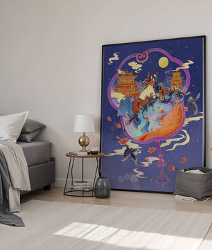 Escena nocturna oriental romántica con pareja y pagodas bajo la luz de la luna
