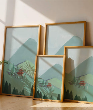 Ruhige Berglandschaft mit Haus und Bäumen