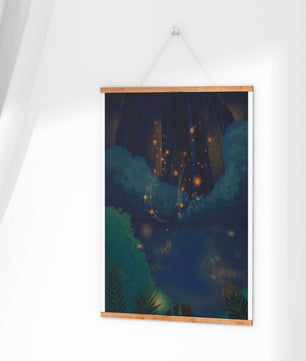 Enchanted night forest with glowing fireflies and dense foliage