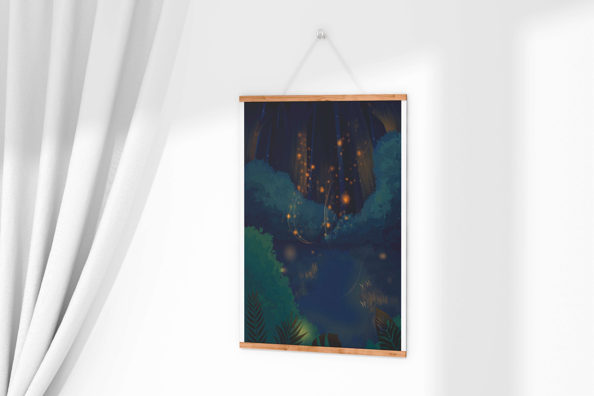 Enchanted night forest with glowing fireflies and dense foliage